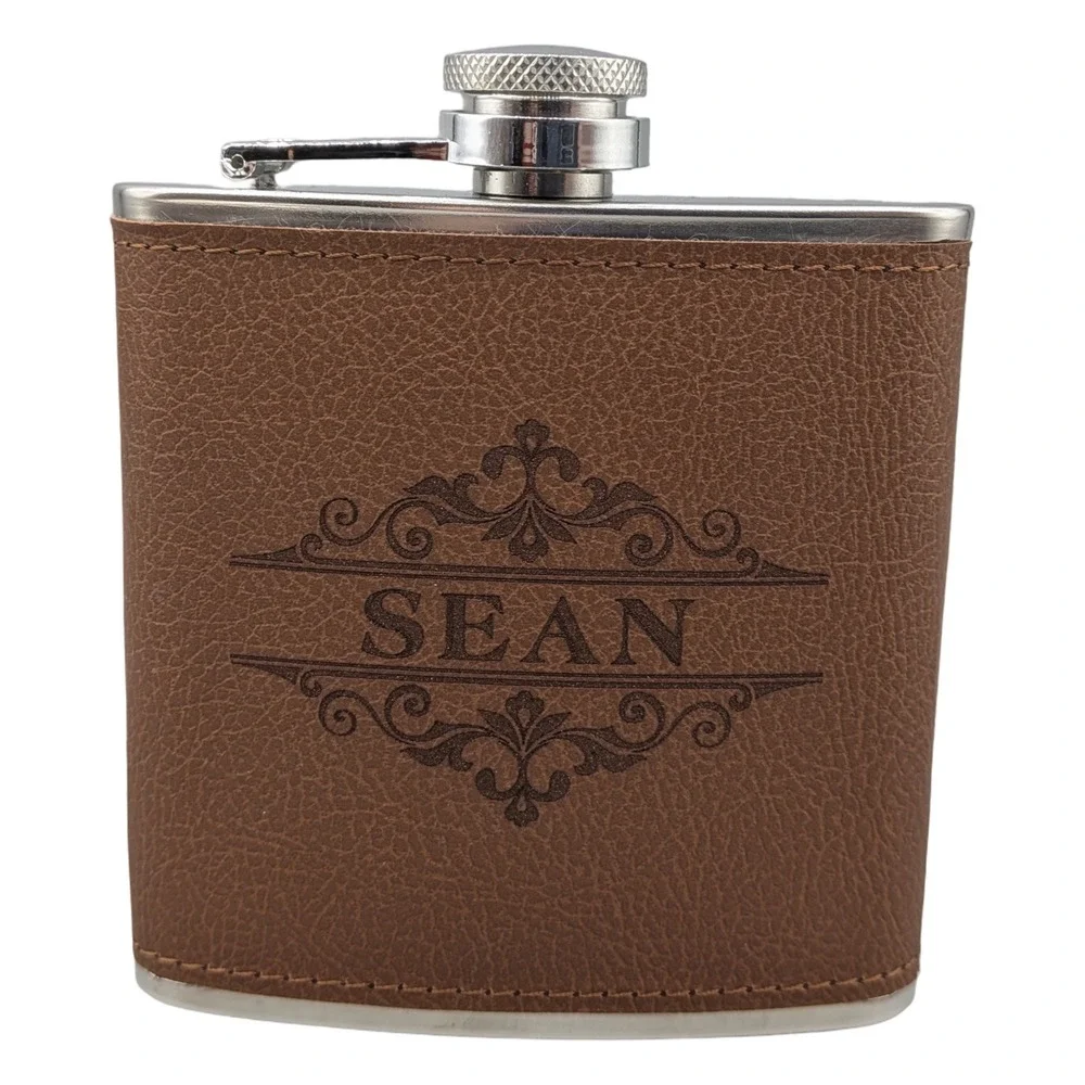Personalized SEAN Hip Flask Brown Faux Leather Stainless Steel 6oz